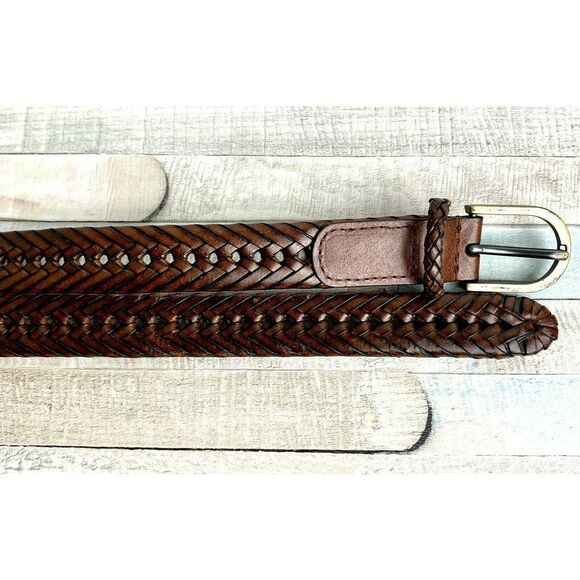 VINTAGE BRAIDED BROWN THICK BUCKLE GENUINE LEATHER CASUAL WOMEN`S BELT Sz L (50M - Picture 7 of 9